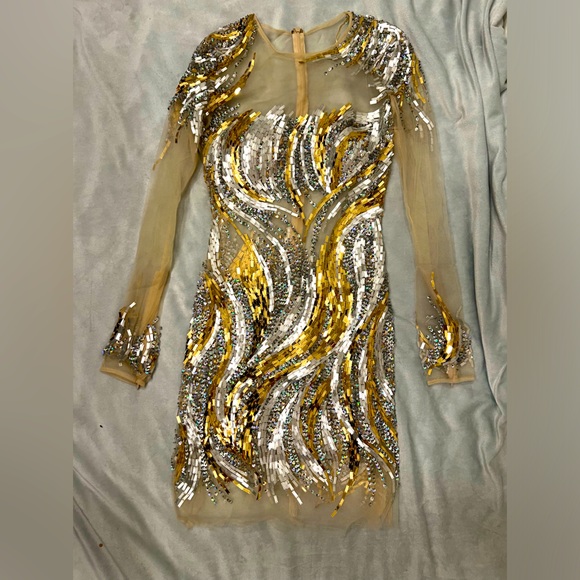 Jovani - chromed Long Sleeve Illusion Scoop Neck Sheath Dress - Picture 8 of 12